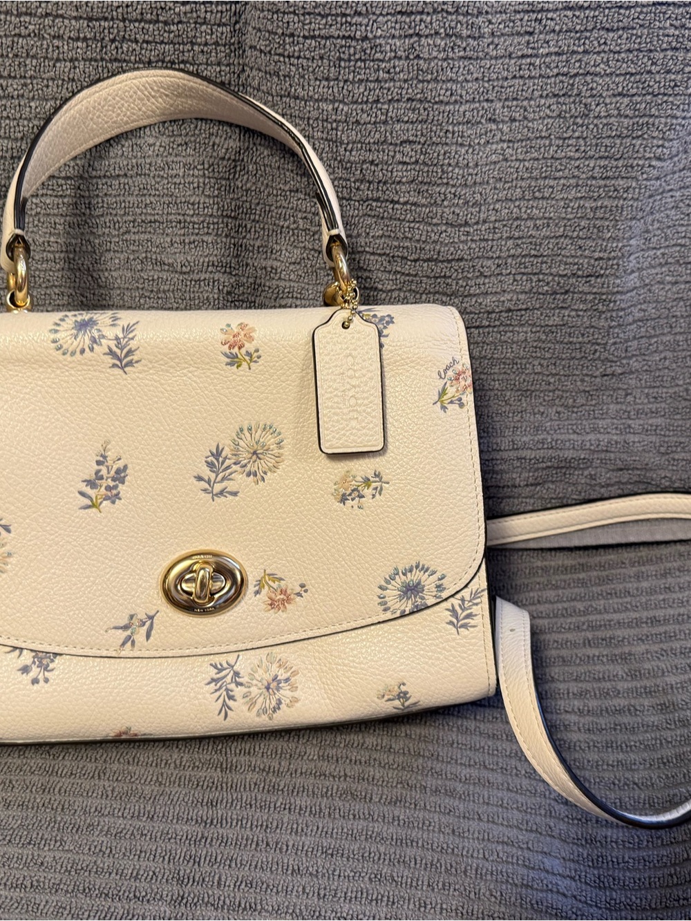 Coach Cream Floral Leather Shoulder Bag with Gold Hardware
